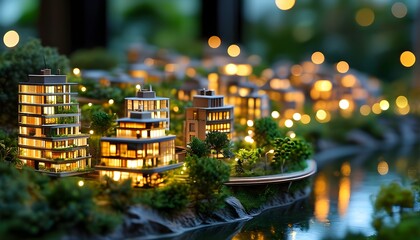 Enchanting miniature cityscape with glowing buildings and vibrant greenery beneath gentle lighting