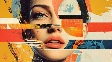 Wall Mural - Abstract collage portrait with colorful paint strokes and woman's eye and mouth.