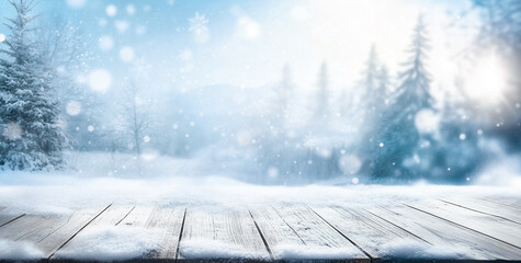 Wall Mural - snowy christmas background with blur effect with falling snowflakes on wood floor