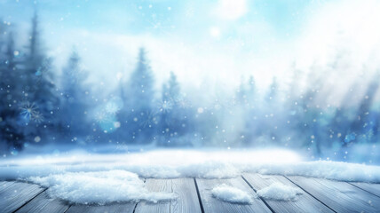 Wall Mural - snowy christmas background with blur effect with falling snowflakes on wood floor