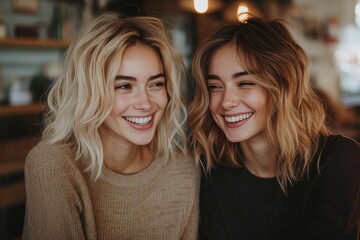 Optimistic beautiful blonde and brunette women talking with each other laughing, Generative AI