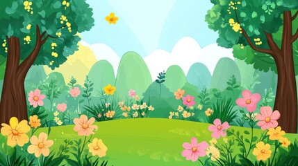 Cartoon illustration of a green meadow with trees, hills, and pink and yellow flowers.