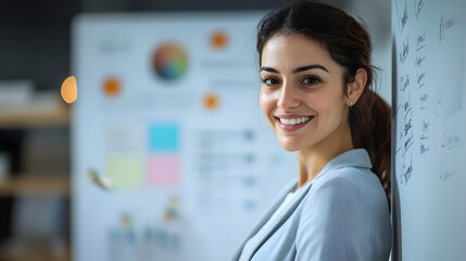 Wall Mural - Businesswoman Presenting Strategy on Whiteboard,Leadership and Communication in Corporate Setting