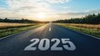 © Pricha.RT - A straight road with '2025' written on the asphalt, disappearing into a bright horizon, symbolizing the journey toward success and positivity.
