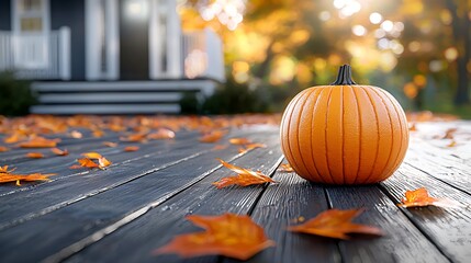 Wall Mural - A rustic autumn pumpkin rests on a wooden deck, framed by fallen leaves in rich hues.