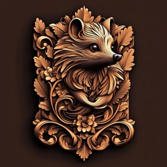 Art Nouveau style hedgehog with intricate, flowing lines and decorative floral patterns, set against a refined backdrop.