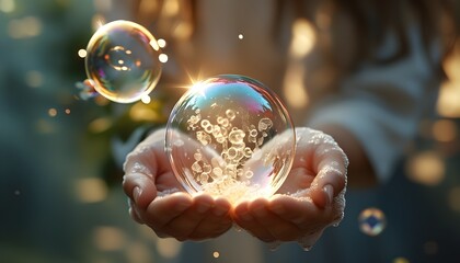 Fragile beauty captured in a delicate soap bubble held gently, embodying the wonder and transience of lifes fleeting moments