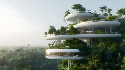 A photo realistic architectural rendering of a sustainable building, featuring eco-friendly materials, green spaces, and innovative design, capturing the future of sustainable architecture 