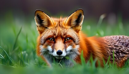 Wall Mural - Red fox lounging gracefully on lush green grass