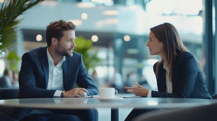 Two professionals in business attire discussing matters over a meeting