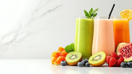 Fresh fruit smoothies in glasses with straws sit ready on a white marble counter.