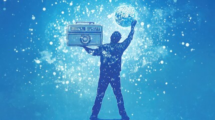 Canvas Print - Silhouette of a person holding a disco ball and a vintage radio on a blue background.