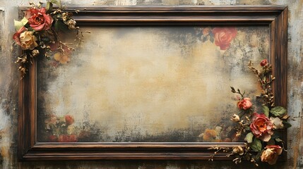 Vintage Rustic Wooden Frame on Faded Floral Background for Nostalgic Designs