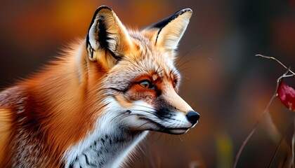 Autumnal close-up of a vibrant red fox surrounded by colorful foliage