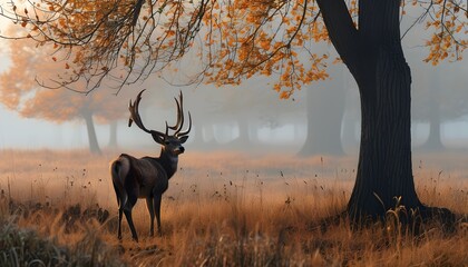 Wall Mural - Misty Autumn Morning with Fallow Deer in Serene Landscape