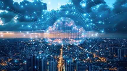 Wall Mural - Futuristic cloud computing concept with a glowing digital cloud over an illuminated cityscape at night.