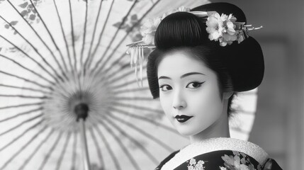 Poster - A woman wearing a traditional Japanese kimono and hairstyle, with a white umbrella behind her.