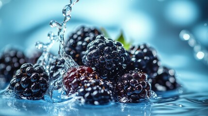 Wall Mural - Fresh blackberries splashing in water.