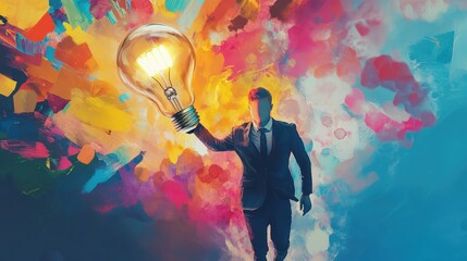 Wall Mural - A businessman in a suit holds a lightbulb in a colorful abstract background.