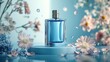 © Lexyat - Blue perfume bottle on a blue podium surrounded by pink flowers and petals.