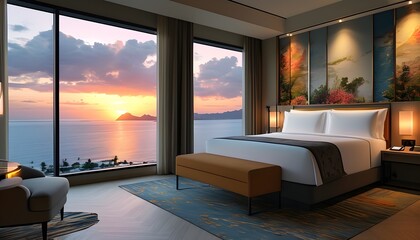 Canvas Print - Opulent hotel room offering breathtaking views, embodying the essence of hospitality and premium experiences through generative AI design.