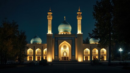 A grand mosque illuminated at night, its intricate details and minarets stand out against the dark sky.