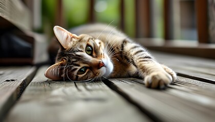 Wall Mural - Charming cat lounging on rustic wooden patio decking