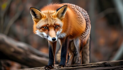 Wall Mural - Vibrant red fox poised on a log, showcasing its striking fur and keen gaze in a natural setting