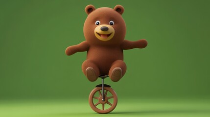 A cute brown bear riding a unicycle on a green background.