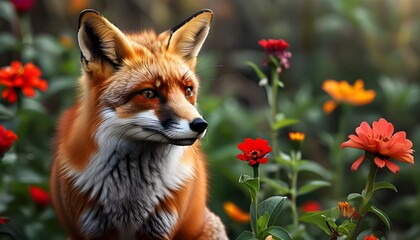 Wall Mural - Red fox exploring a vibrant garden filled with colorful flowers