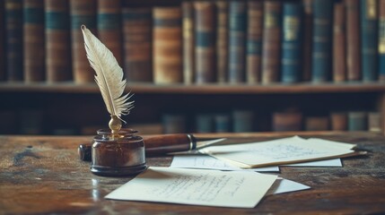 Quill pen in an inkwell on a wooden desk with old books in the background.