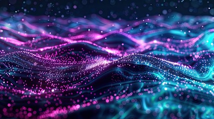 Wall Mural - neon purple and teal waves with pixel art and glowing textures evoking a vibrant arcade backdrop