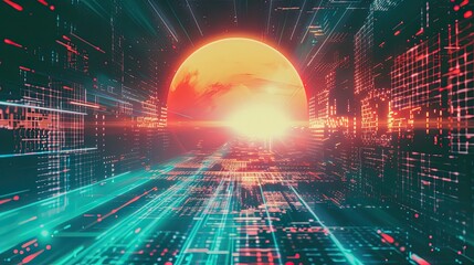 Neon backdrop with teal and orange tones pixel starbursts glitch patterns and softly glowing lights