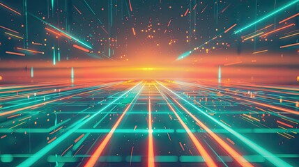 Wall Mural - Futuristic neon wallpaper with teal and orange gradients pixel starbursts and glowing arcade lights