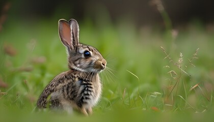 Playful young rabbit resting in a vibrant meadow