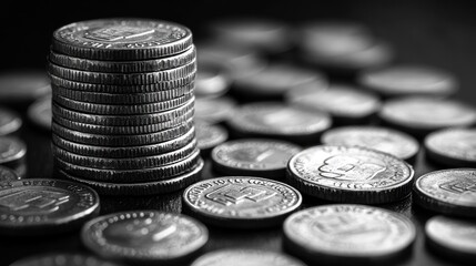 A stack of coins among scattered coins in black and white.