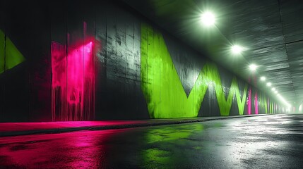 High-contrast graffiti in black and white with deep shadows, sharp angular forms illuminated by bright streetlights, neon green and pink color splashes adding vibrant contrast,