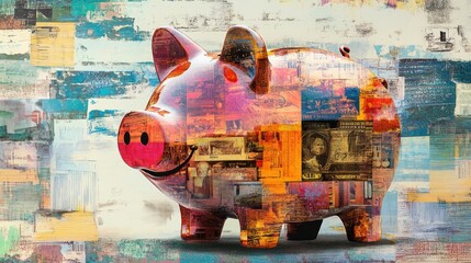 Poster - A piggy bank covered with collage art.