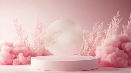 Poster - Pink round podium with a circle on top in a dreamy pink background with pink fluffy plants.