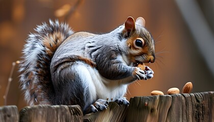 Wall Mural - Grey squirrel savoring nuts atop a rustic wooden fence