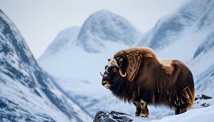 Wall Mural - Majestic musk ox in snowy Norwegian mountains during winter