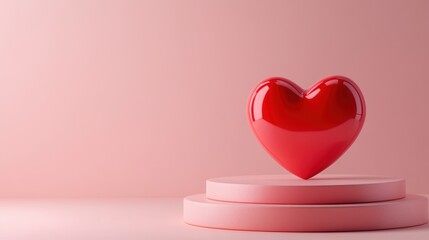 Poster - Red heart shape on top of a pink pedestal on a pink background.