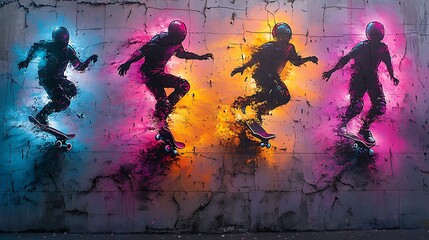 Wall Mural - Skate-themed graffiti on a cracked, rough concrete wall, neon colors splashing across the surface, abstract skater figures blended with bold spray-paint strokes,