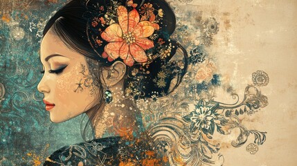 Poster - Profile of a Woman with Flower in her Hair and Ornate Floral Background.