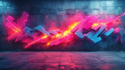 Wall Mural - Stylized graffiti letters in bold neon colors, sharp edges and dynamic shapes set against a background of abstract street art blocks, rough concrete textures blending with vibrant sprays,