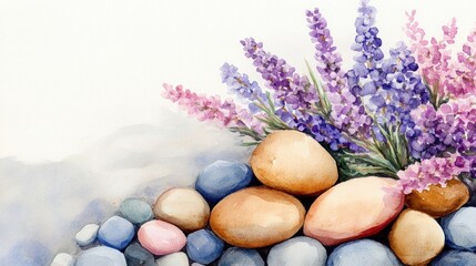 Poster - Lavender and Stones Watercolor Painting.