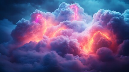 Wall Mural - Surreal clouds filled with neon-colored graffiti shapes, pastel spray-paint strokes flowing gently through the air, dreamy textures blending into abstract cloud forms, illuminated by soft,