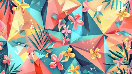 Dynamic geometric wallpaper with glowing edges and floral textures in spring colors