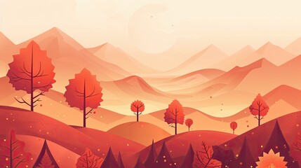 Wall Mural - Stylized autumn hills in deep earth tones under a soft dusky twilight sky