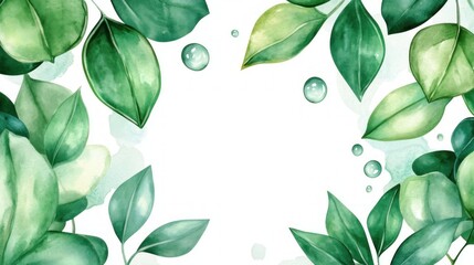Poster - Watercolor Green Leaves Border with Water Drops.